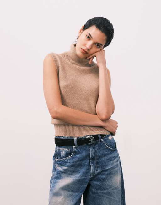 ASOS DESIGN - Maglione senza maniche di media pesantezza aderente accollato color cammello in coordinato