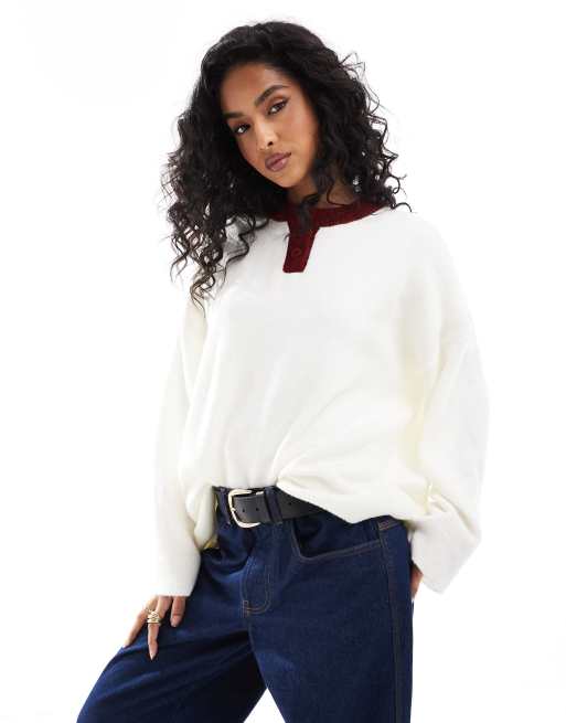 ASOS DESIGN - Maglione serafino oversize lavorato color crema con abbottonatura a contrasto