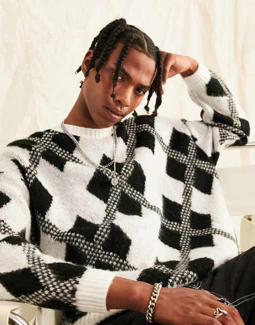 ASOS DESIGN - Maglione soffice bianco e nero con motivo a rombi