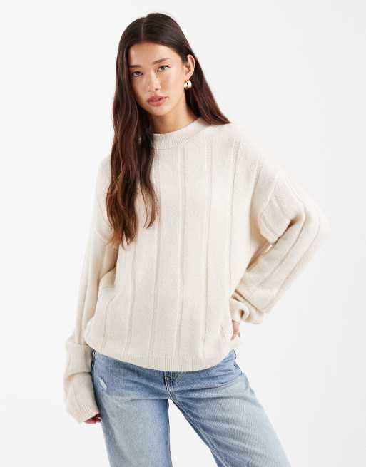 ASOS DESIGN - Maglione soffice color écru a coste in coordinato