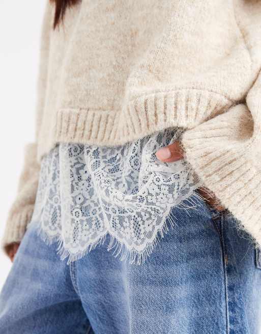 ASOS DESIGN - Maglione soffice écru con fondo in pizzo e maniche ampie, 3 di 4