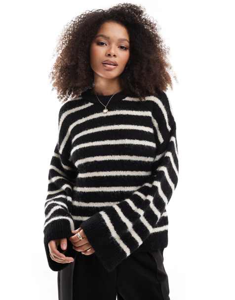 ASOS DESIGN - Maglione soffice in misto lana nero e bianco a righe con maniche ampie - view 1