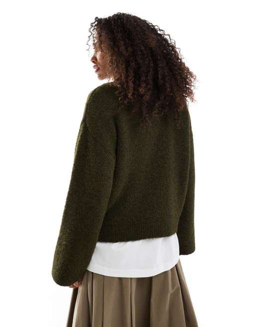 ASOS DESIGN - Maglione soffice in misto lana verde bosco con maniche ampie, 4 di 4