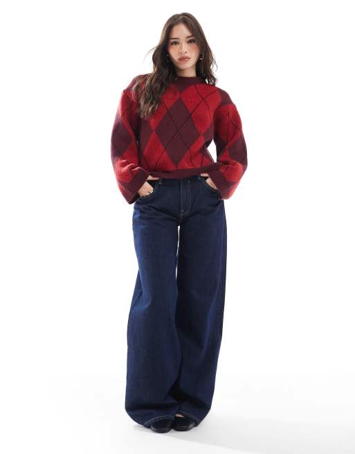 ASOS DESIGN - Maglione soffice lavorato con motivo a rombi rosso e bordeaux, 3 di 4