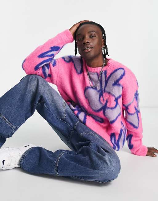 ASOS DESIGN - Maglione soffice rosa con stampa di fiori