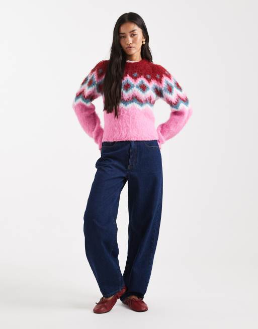 ASOS DESIGN - Maglione spazzolato rosa Fair Isle con spalle pronunciate, 2 di 4