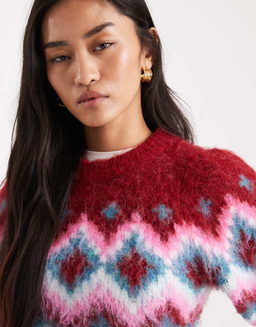 ASOS DESIGN - Maglione spazzolato rosa Fair Isle con spalle pronunciate, 3 di 4
