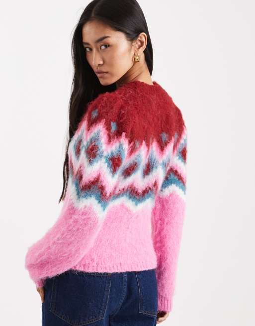ASOS DESIGN - Maglione spazzolato rosa Fair Isle con spalle pronunciate, 4 di 4