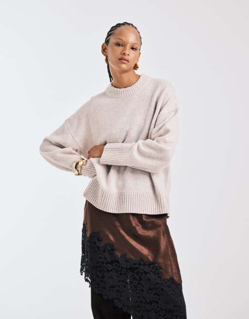 ASOS DESIGN - Maglione spesso in lana d'agnello premium color marshmallow con orlo arrotondato