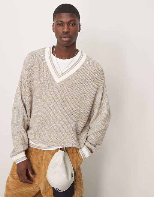 ASOS DESIGN - Maglione squadrato oversize color pietra con scollo a V e profili a contrasto