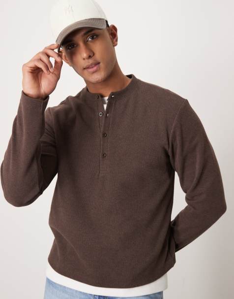 ASOS DESIGN - Maglione squadrato pesante marrone scuro a coste con scollo serafino - view 1