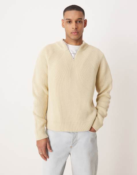 ASOS DESIGN - Maglione squadrato vestibilità comoda beige con zip corta - view 1