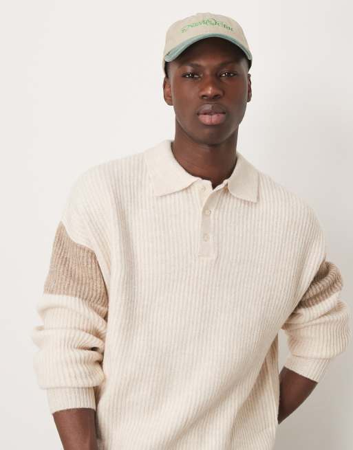 ASOS DESIGN - Maglione stile polo comodo squadrato écru a coste con pannelli color pietra sulle maniche