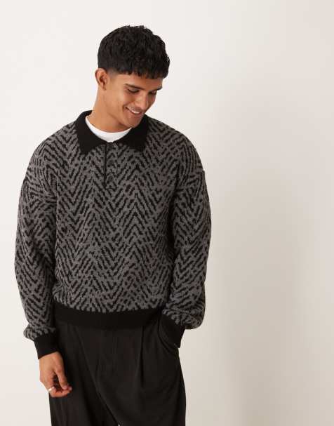 ASOS DESIGN - Maglione stile polo comodo squadrato in maglia grigio antracite con motivo a coste - view 1