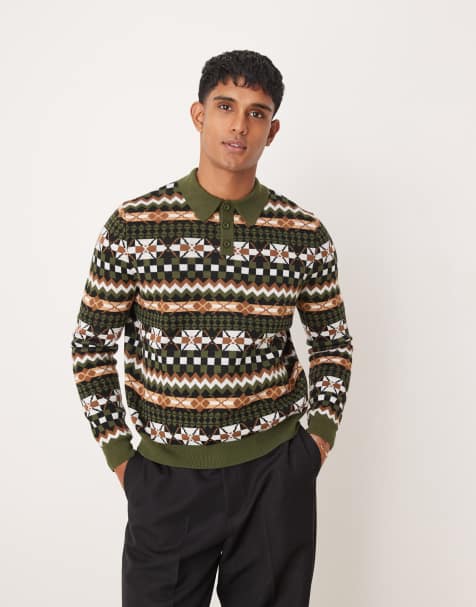 ASOS DESIGN - Maglione stile polo comodo squadrato nero con motivo azteco - view 1