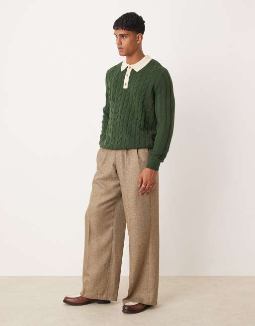 ASOS DESIGN - Maglione stile polo comodo verde scuro lavorato a trecce, 3 di 4