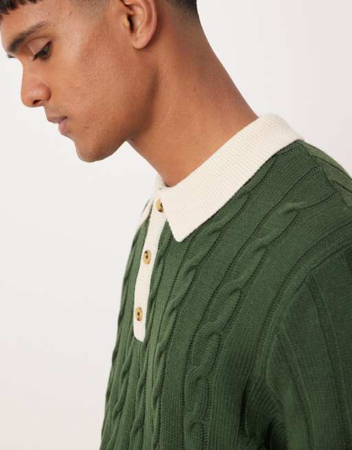 ASOS DESIGN - Maglione stile polo comodo verde scuro lavorato a trecce, 4 di 4