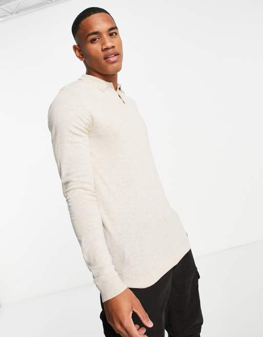 ASOS DESIGN - Maglione stile polo in maglia di cotone color avena