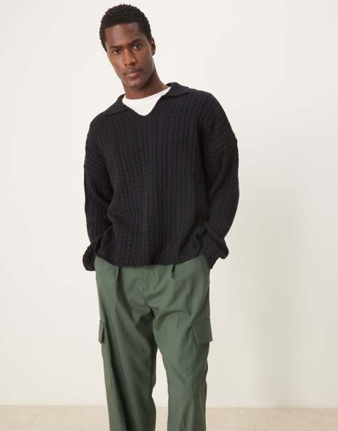 ASOS DESIGN - Maglione stile polo oversize blu navy a trecce con spalle scese - view 1