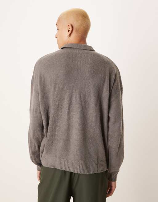 ASOS DESIGN - Maglione stile polo oversize squadrato grigio testurizzato spazzolato, 4 di 4