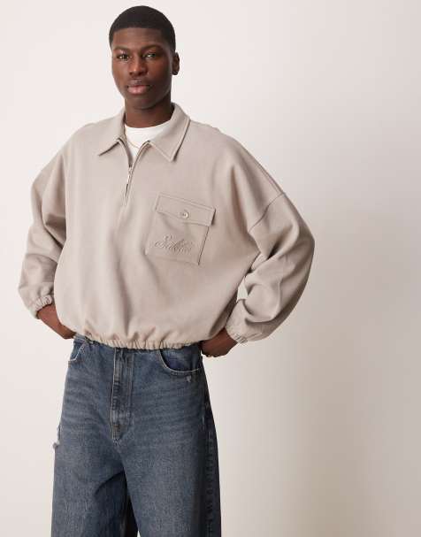 ASOS DESIGN - Maglione stile polo squadrato oversize color caffellatte con tasca ricamata - view 1