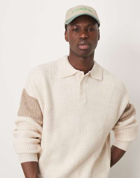 ASOS DESIGN - Maglione stile polo vestibilità comoda a coste écru con pannello sulle maniche color pietra - view 1