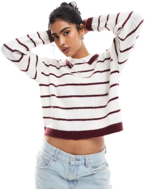 ASOS DESIGN - Maglione stile rugby in maglia color bordeaux ed écru a righe