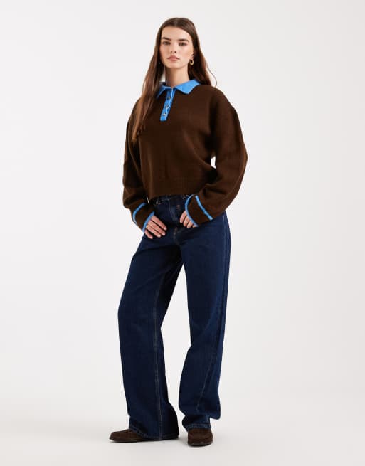 ASOS DESIGN - Maglione stile rugby marrone con colletto a contrasto, 2 di 4