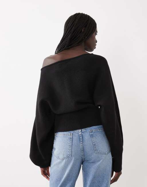 ASOS DESIGN maglione strutturato a costine con vita stretta e scollo a barchetta nero, 4 di 4