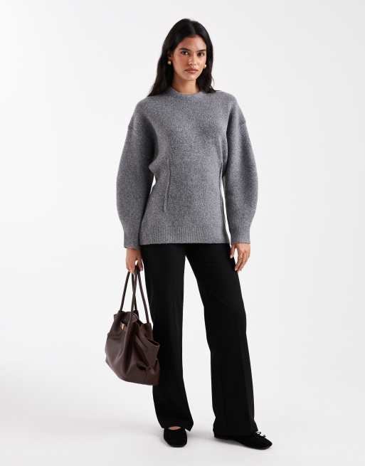 ASOS DESIGN - Maglione strutturato girocollo taglio lungo grigio stretto in vita