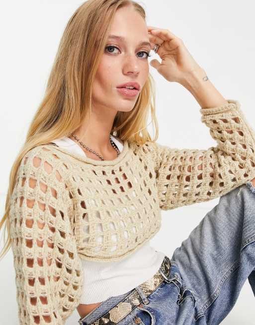 ASOS DESIGN - Maglione super corto traforato color crema