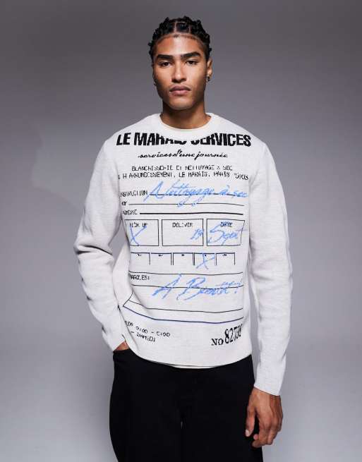 ASOS DESIGN - Maglione taglio comodo grigio con grafica di ricevuta