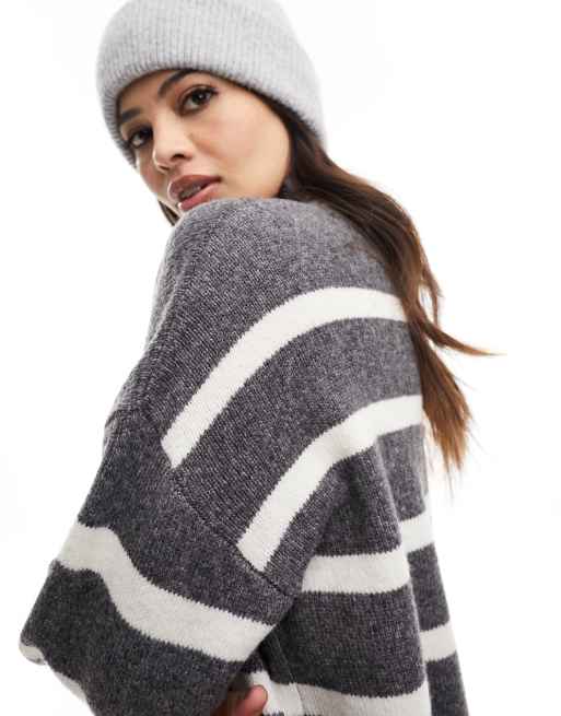 ASOS DESIGN - Maglione taglio lungo con collo alto color antracite a righe