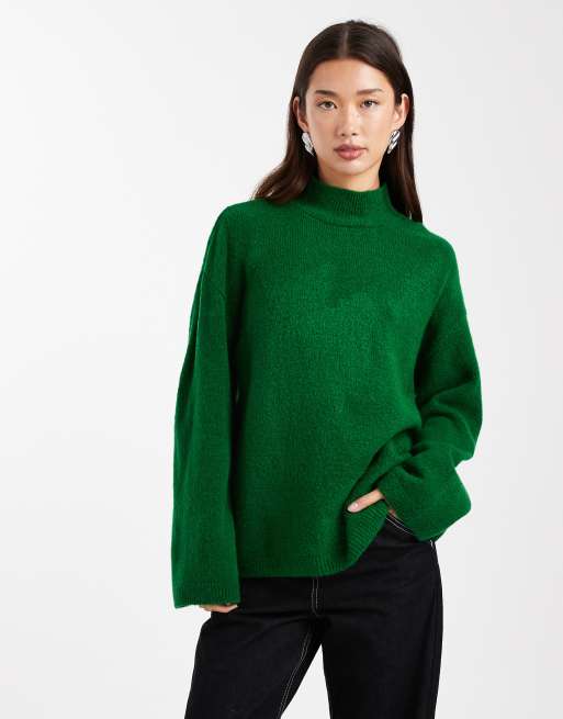 ASOS DESIGN - Maglione taglio lungo verde acceso con scollo a imbuto
