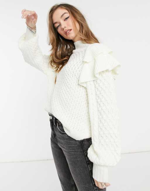ASOS DESIGN - Maglione testurizzato crema con dettagli a volant