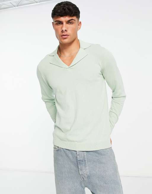 ASOS DESIGN - Maglione verde in cotone con colletto stile polo e rever