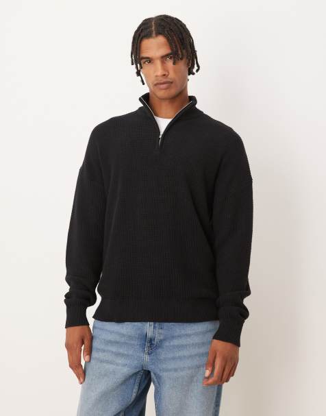 ASOS DESIGN - Maglione vestibilità comoda con collo a imbuto nero in piqué - view 1