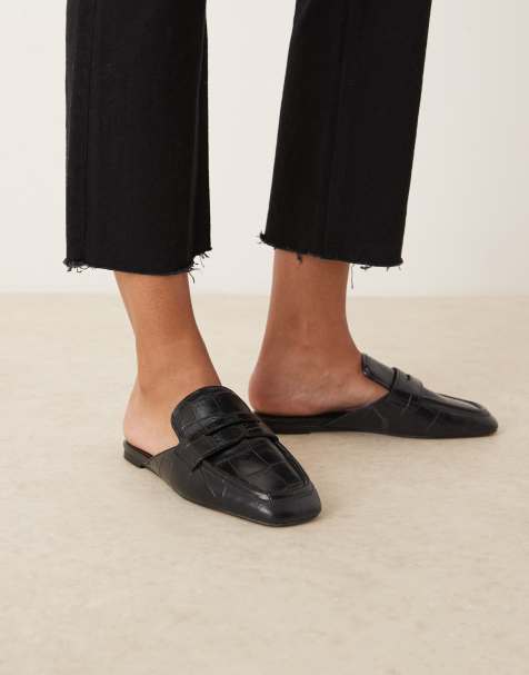 ASOS DESIGN – Magnet – Czarne klapki loafersy z imitacji skóry krokodyla - view 1