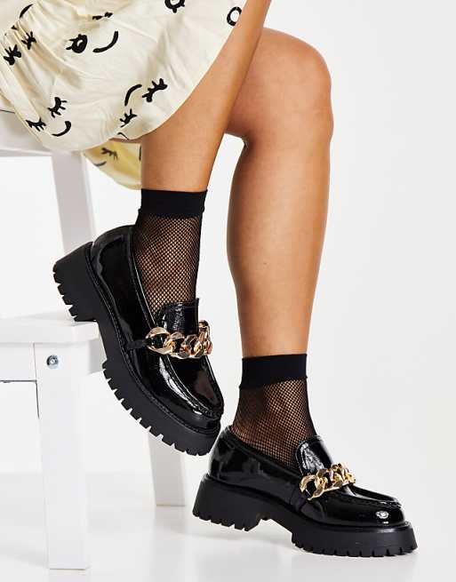 ASOS DESIGN Mai chunky chain loafers in black patent | ASOS
