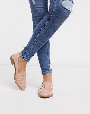 ASOS DESIGN Mail loafer flat shoes in beige patent