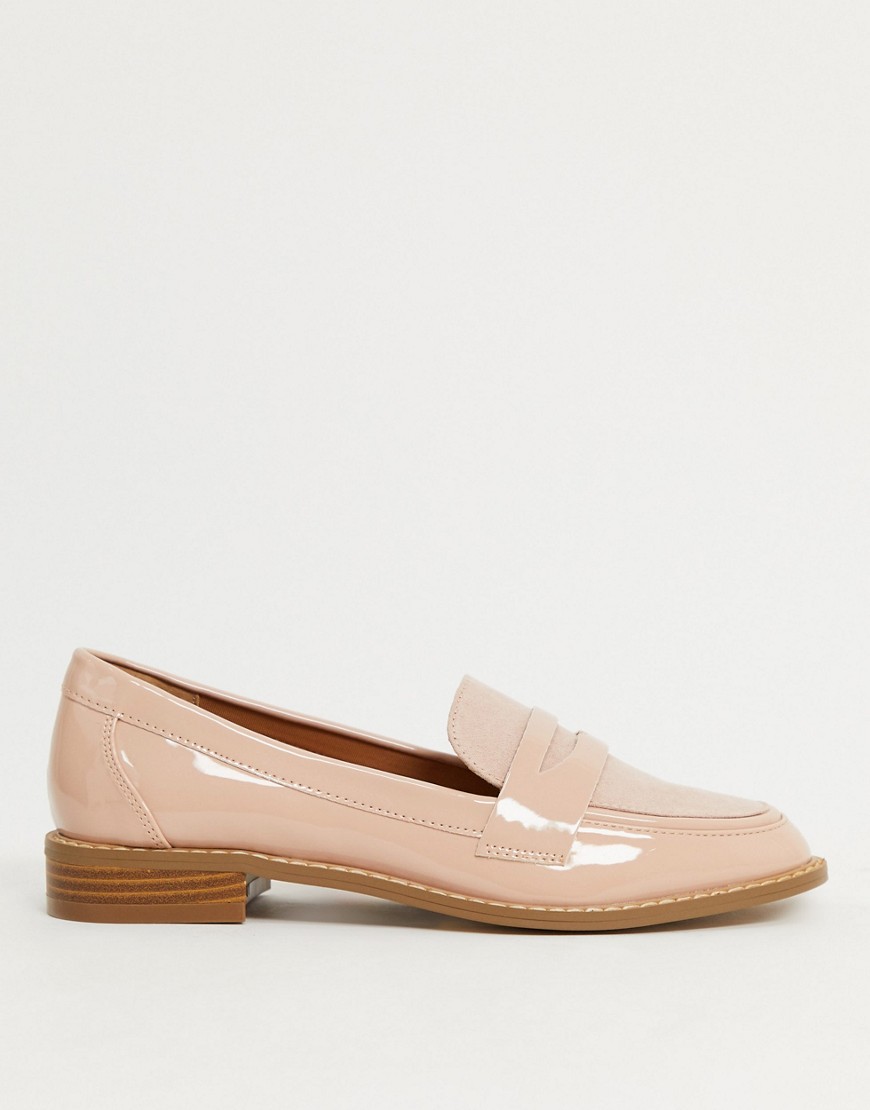 ASOS DESIGN Mail loafer flat shoes in beige patent-Neutral