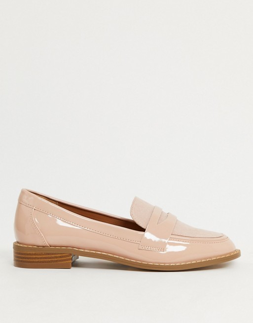 ASOS DESIGN Mail loafer flat shoes in beige patent