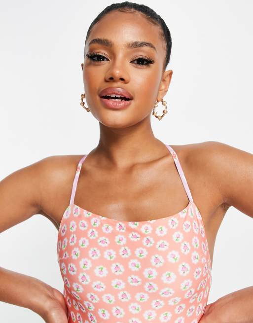 ASOS DESIGN - Maillot 1 pièce à bretelles et lacets avec imprimé petites fleurs variées, 3 de 4
