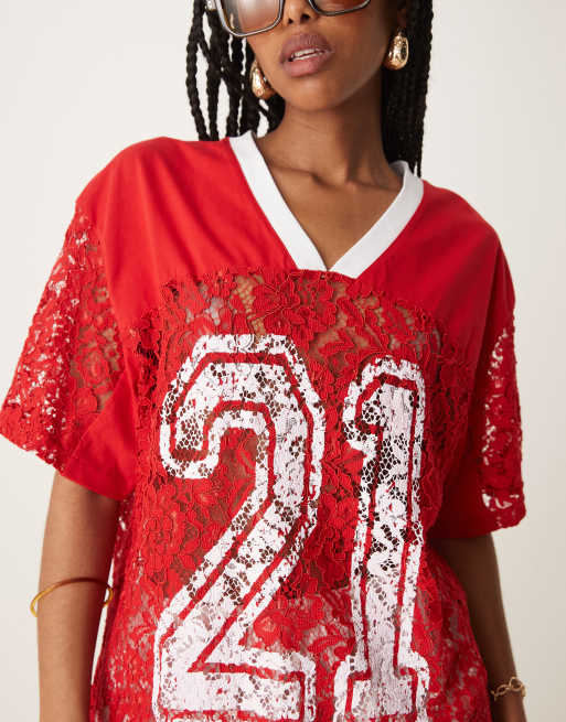 ASOS DESIGN - Maillot de football oversize en dentelle avec imprimé n°21 - Rouge, 3 de 4