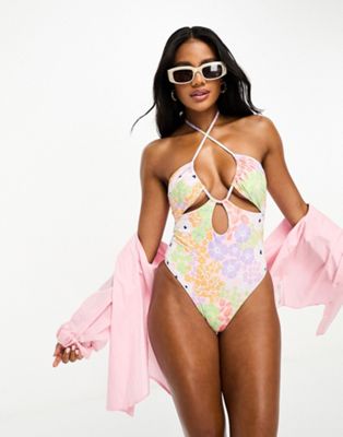 ASOS DESIGN gathered ruche cut out swimsuit in pastel ditsy floral - ASOS Price Checker