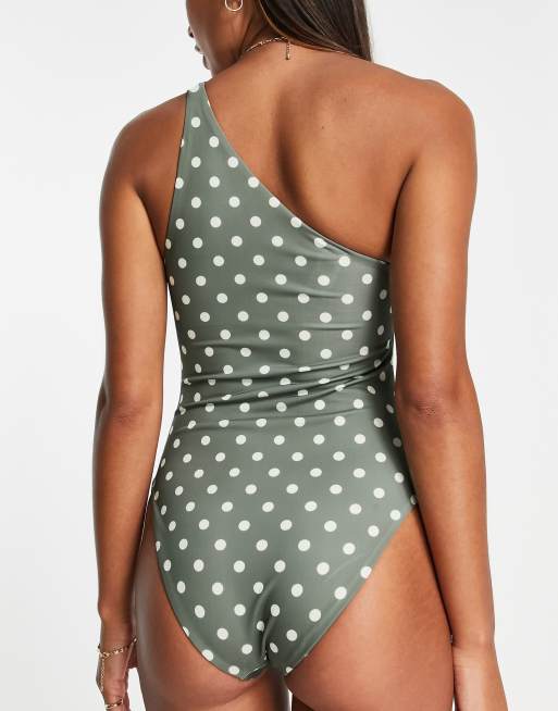 ASOS DESIGN - Maillot 1 pièce asymétrique à pois - Kaki et ivoire , 2 de 4