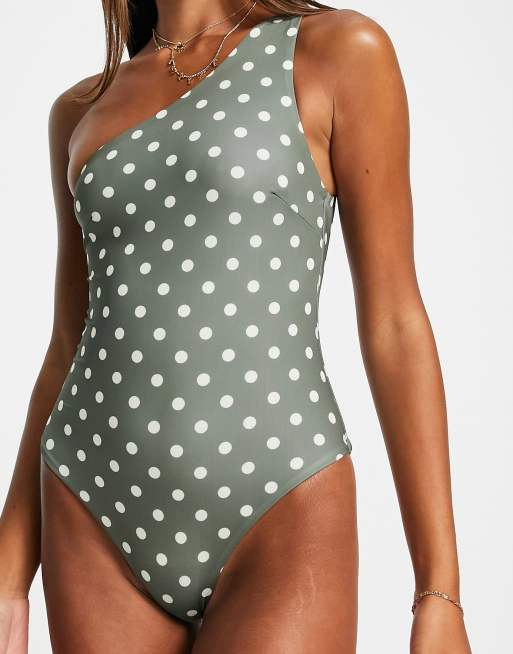 ASOS DESIGN - Maillot 1 pièce asymétrique à pois - Kaki et ivoire , 3 de 4
