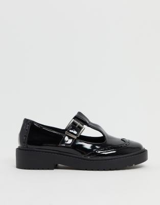 Asos Design Maisie Chunky Mary-jane Flat Shoes In Black Patent