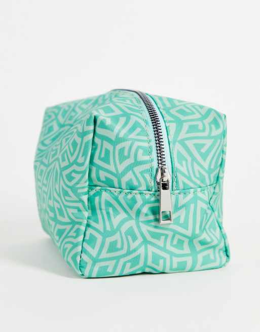 ASOS DESIGN makeup bag in green monogram print