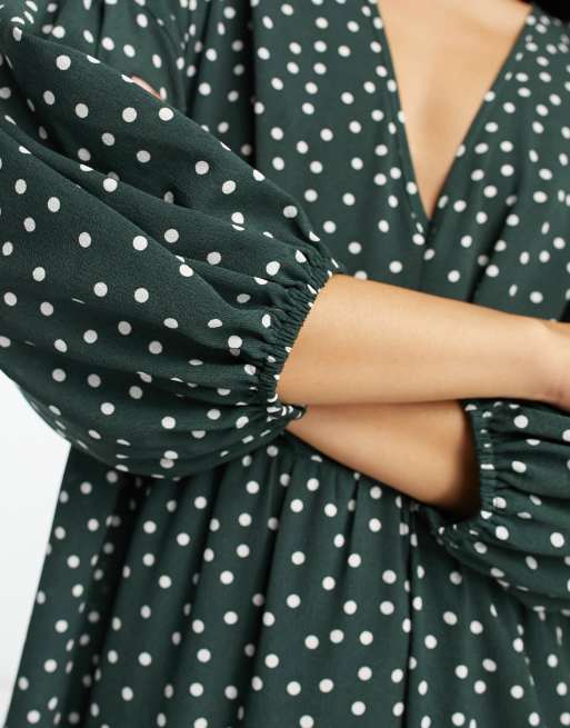 ASOS DESIGN - Makkelijke aangerimpelde midi-jurk in flessengroen met stippen, 3 van 4